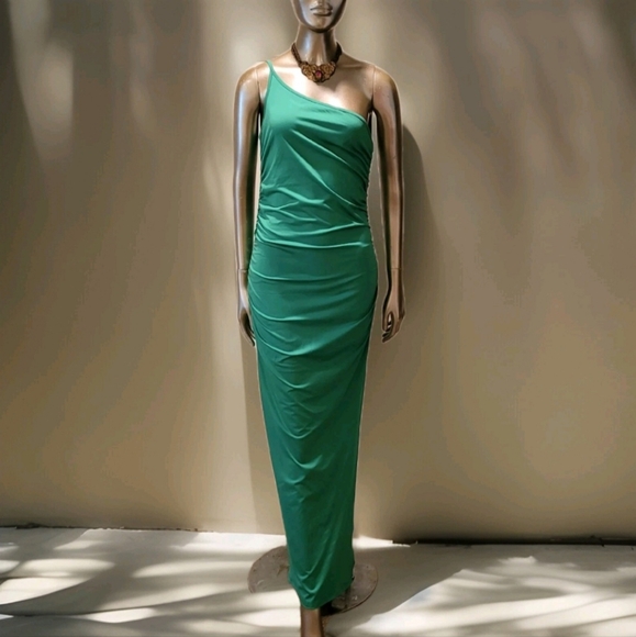 NWT Sexy Green One Shoulder Ruched Sides Split Thigh Maxi Dress Sz M - Picture 10 of 14